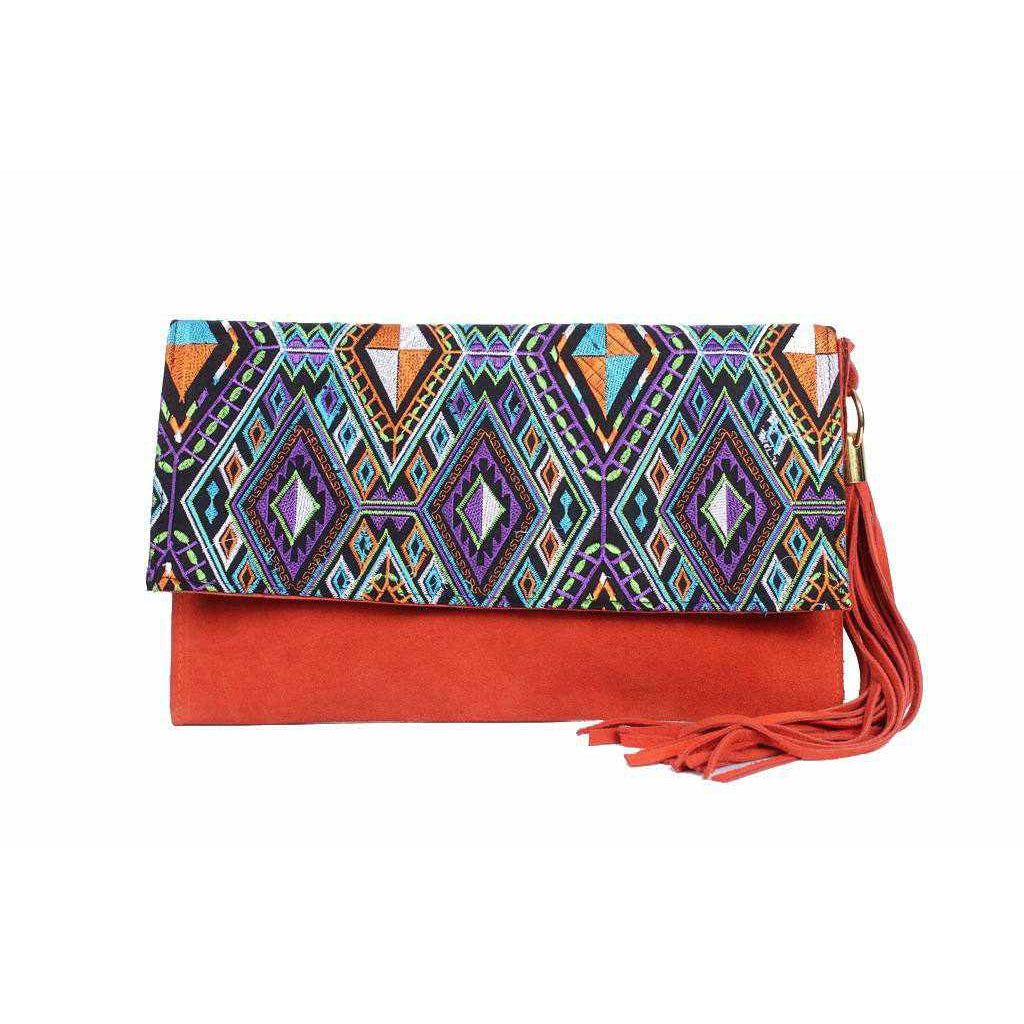 Leather Clutch with Geometric Embroidery Bag - Thailand