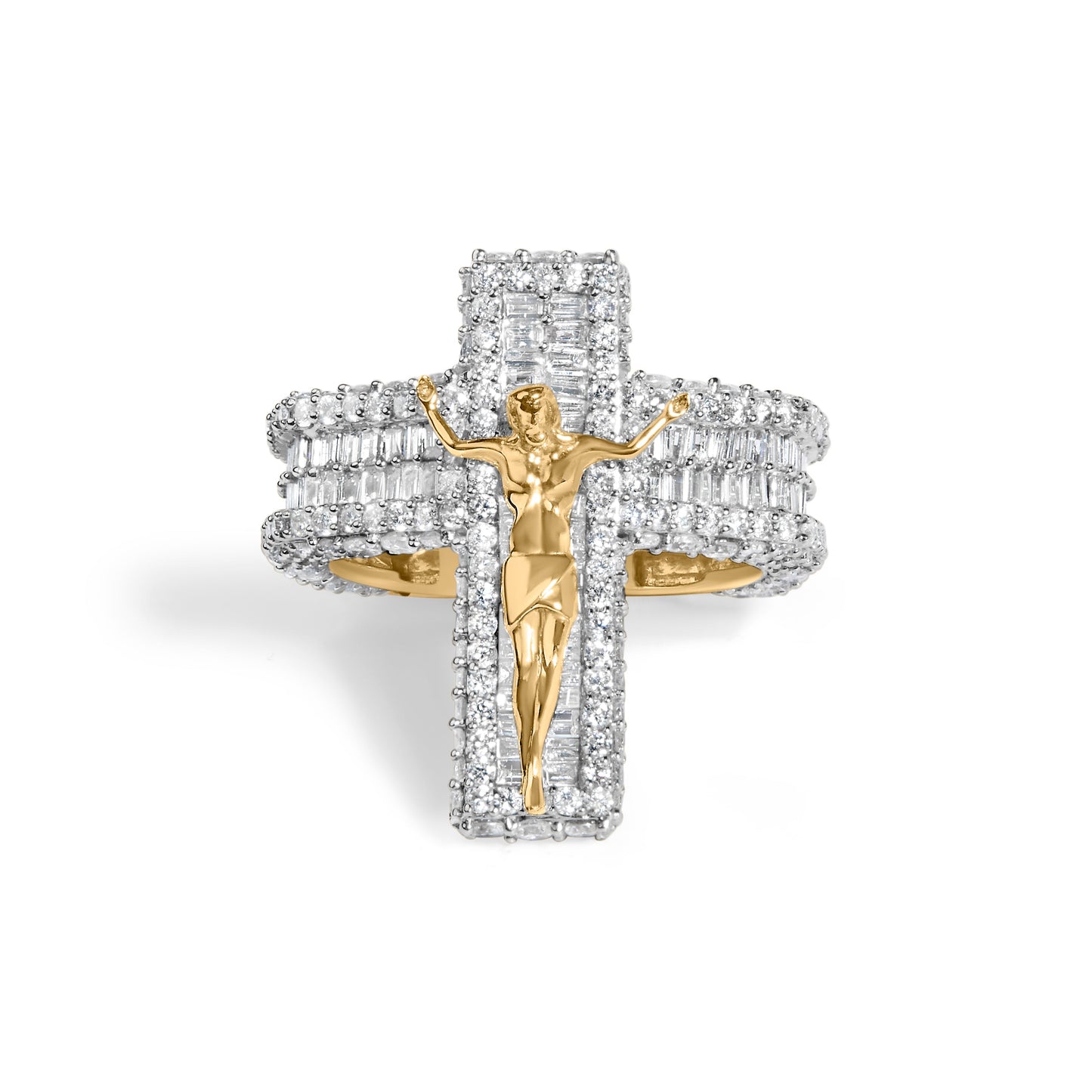 Men's 10K Yellow Gold 5-2/5 Cttw Diamond Jesus Crucifix Cross Cocktail Ring
