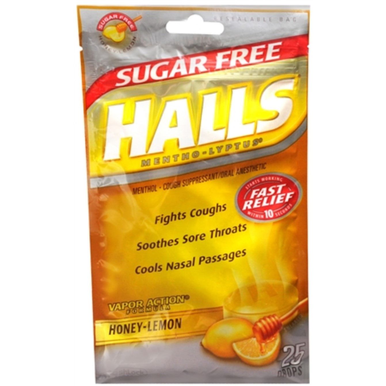 Halls Cough & Throat Relief, Sugar Free, Honey Lemon Flavor, Drops