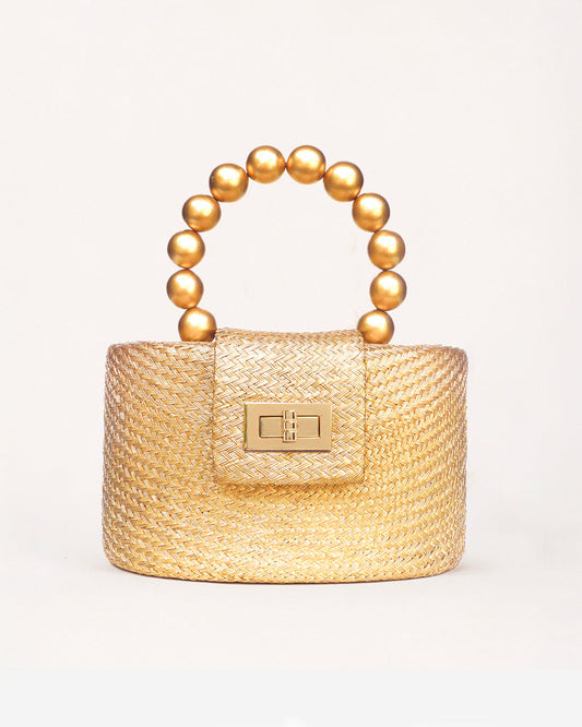 THE OLIVIA — Gold Woven Straw Top-Handle Bag with Beaded Handle