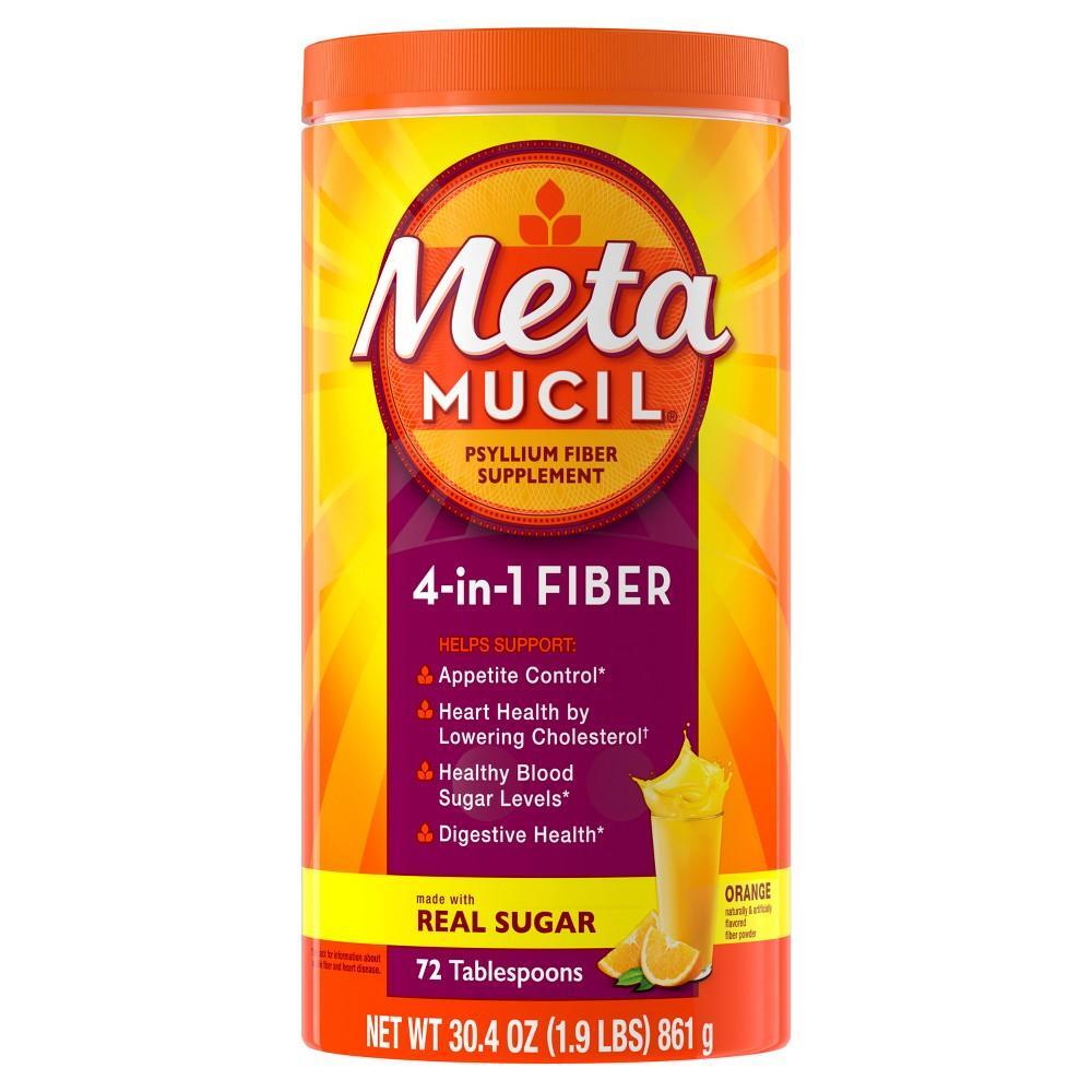 Metamucil Fiber, 4-in-1 Psyllium Fiber Supplement Powder With Real Sugar, Orange Smooth Flavored Drink, 72 Servings