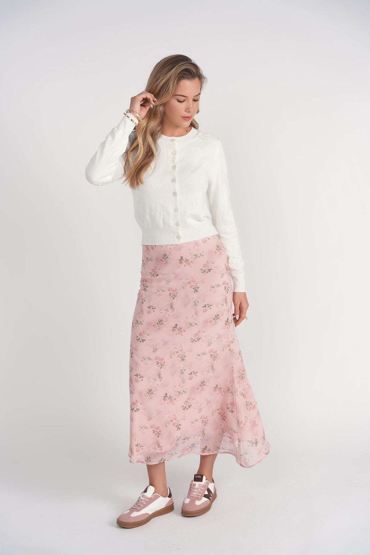 Bias Cut Midi Skirt- Pink Floral Chiffon