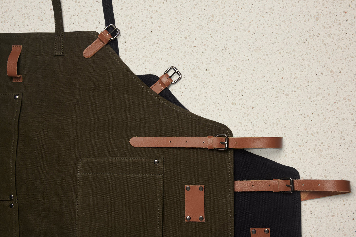 Waxed Canvas Work Apron with Leather Straps & Utility Pockets