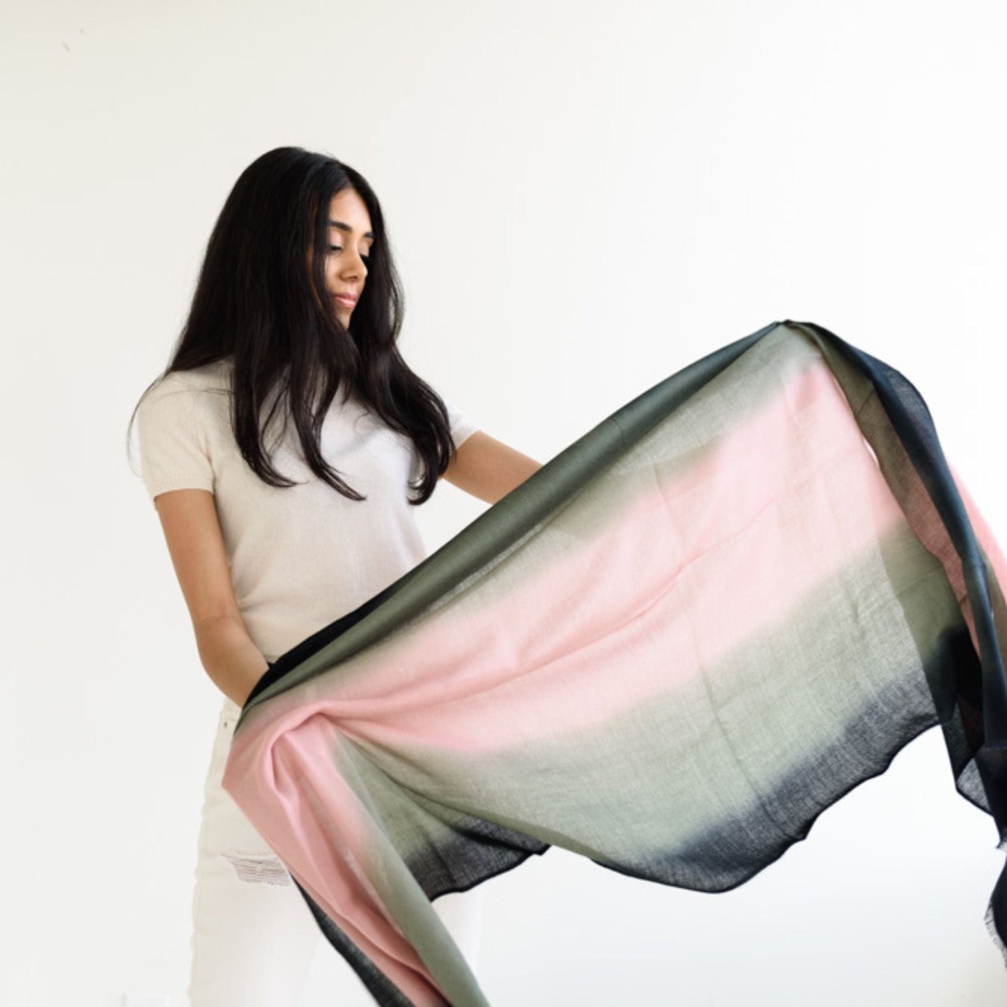 Iris Kiwi Green Pink Cashmere Merino Handwoven Scarf