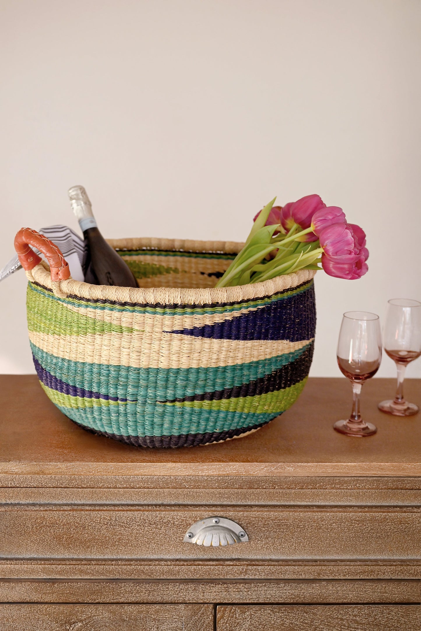 Shades of Blue Triangle Design Bolga Basket with Leather Handles