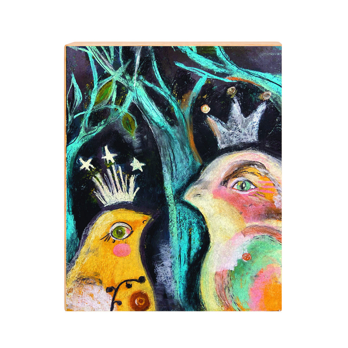 New Friend: Two Birds Whimsical Wall Art Print on Board, Turquoise & Yellow Folk Art