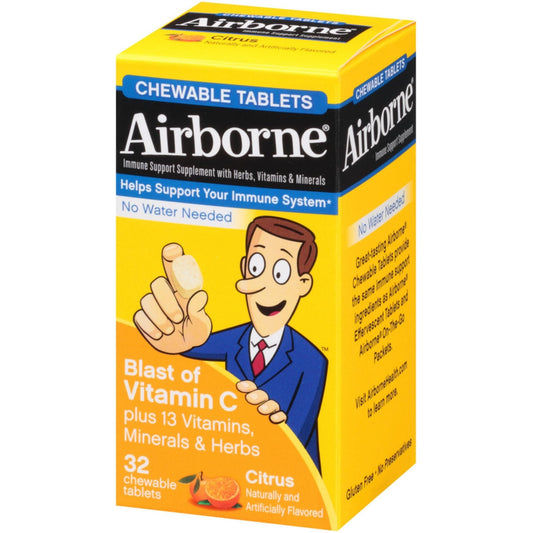 Airborne Citrus Chewable Tablets, 32 Count - 1000mg Of Vitamin C - Immune Support Supplement (Packaging May Vary)