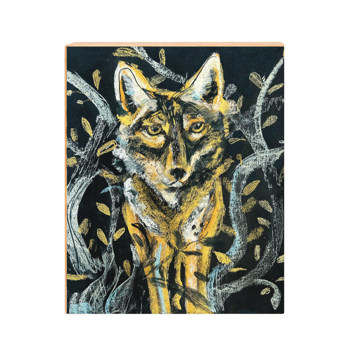 Coyote in the Woods: Moonlit Folk Art Print on Board, Wildlife Wall Art