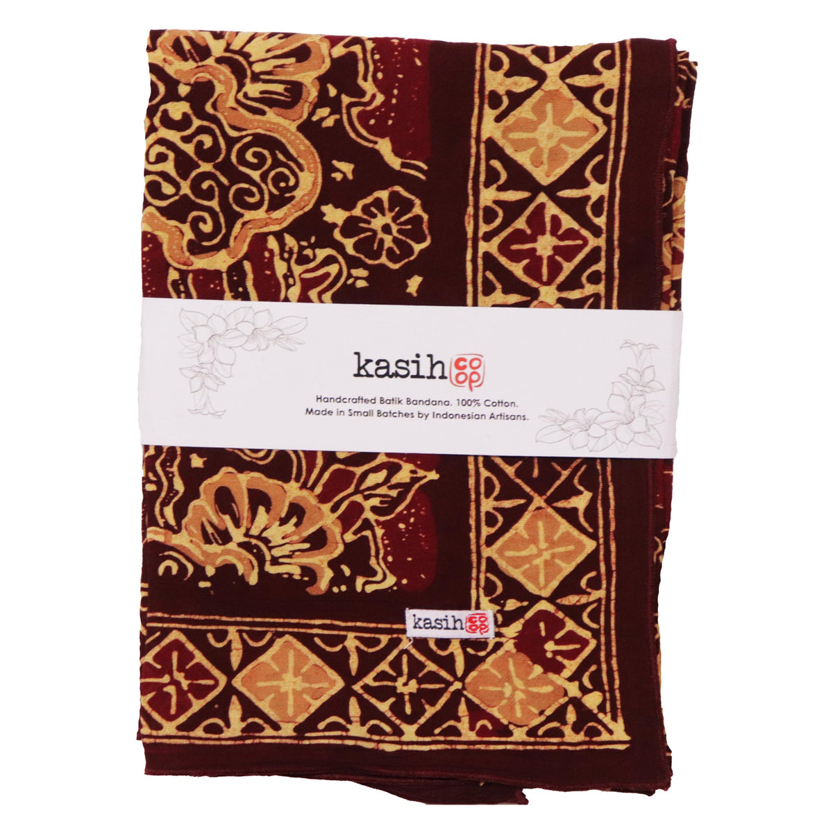 Large 39" Hand Dyed Batik Bandana, 100% Soft Cotton, Sunlit Garden, Red Burgundy