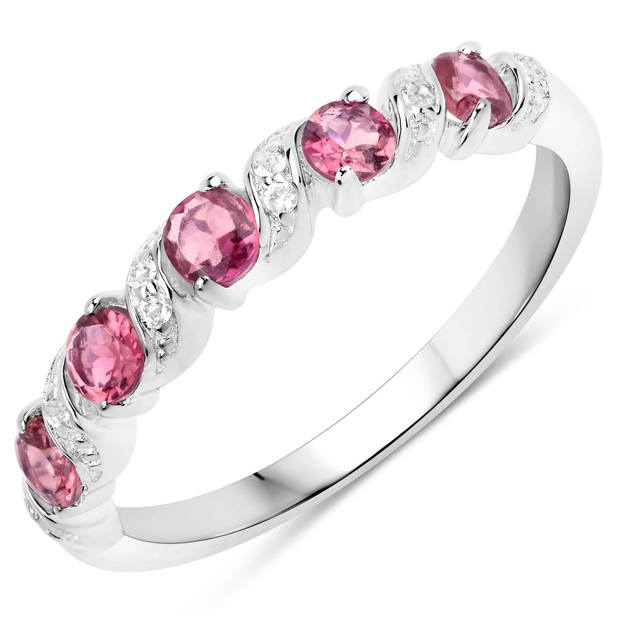 0.64 Carat Genuine Pink Tourmaline and White Topaz .925 Sterling Silver Ring