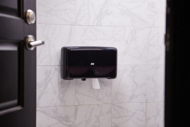 Tork Twin Mini Jumbo Toilet Paper Dispenser Black T2 High Capacity Bathroom Tissue Dispenser (QTY 1), SKU 5555290