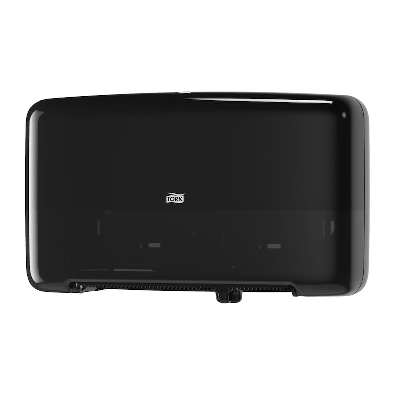 Tork Twin Mini Jumbo Toilet Paper Dispenser Black T2 High Capacity Bathroom Tissue Dispenser (QTY 1), SKU 5555290