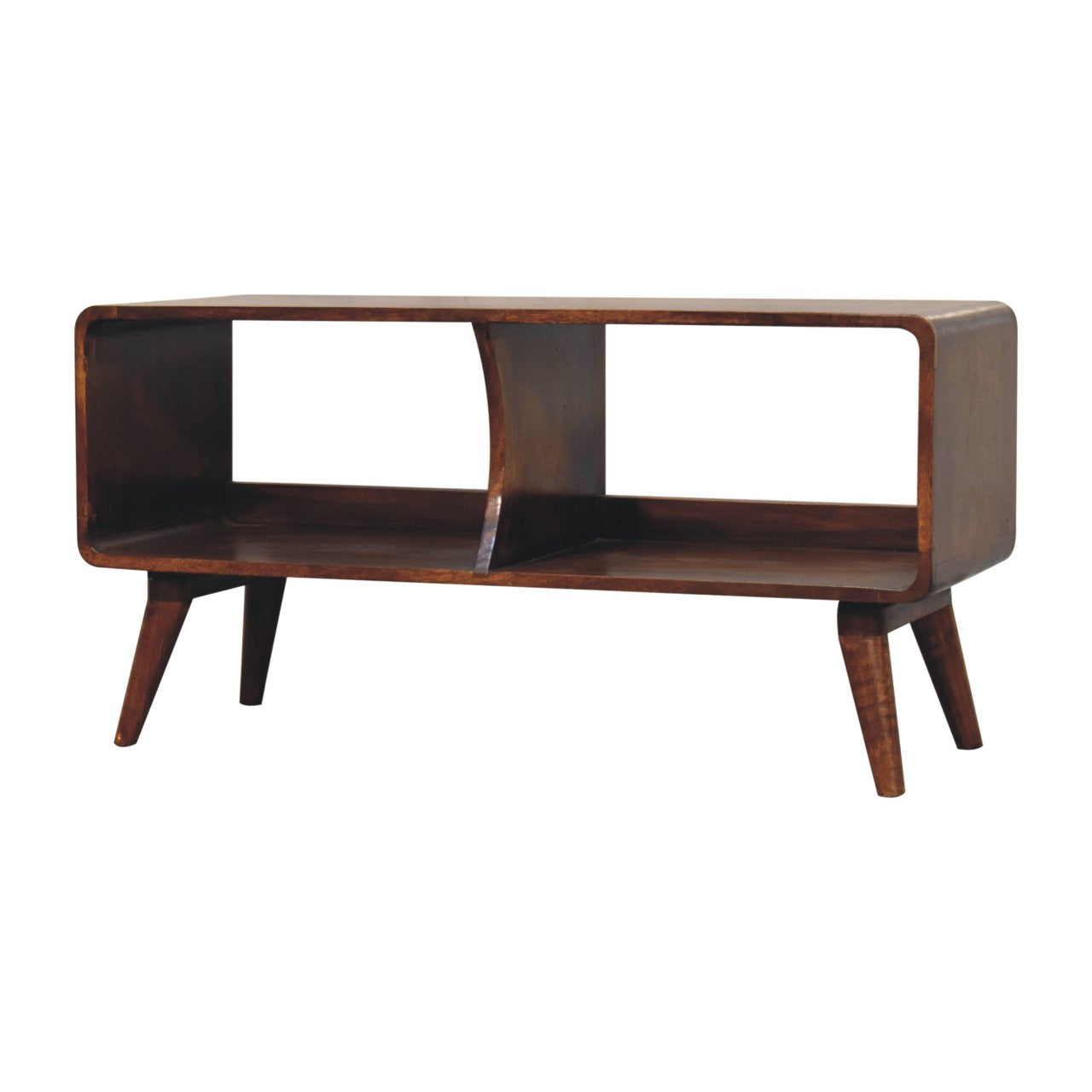 Solid Wood Curved Chestnut, Media Unit, Double Slot, Nordic Legs, Dark Brown