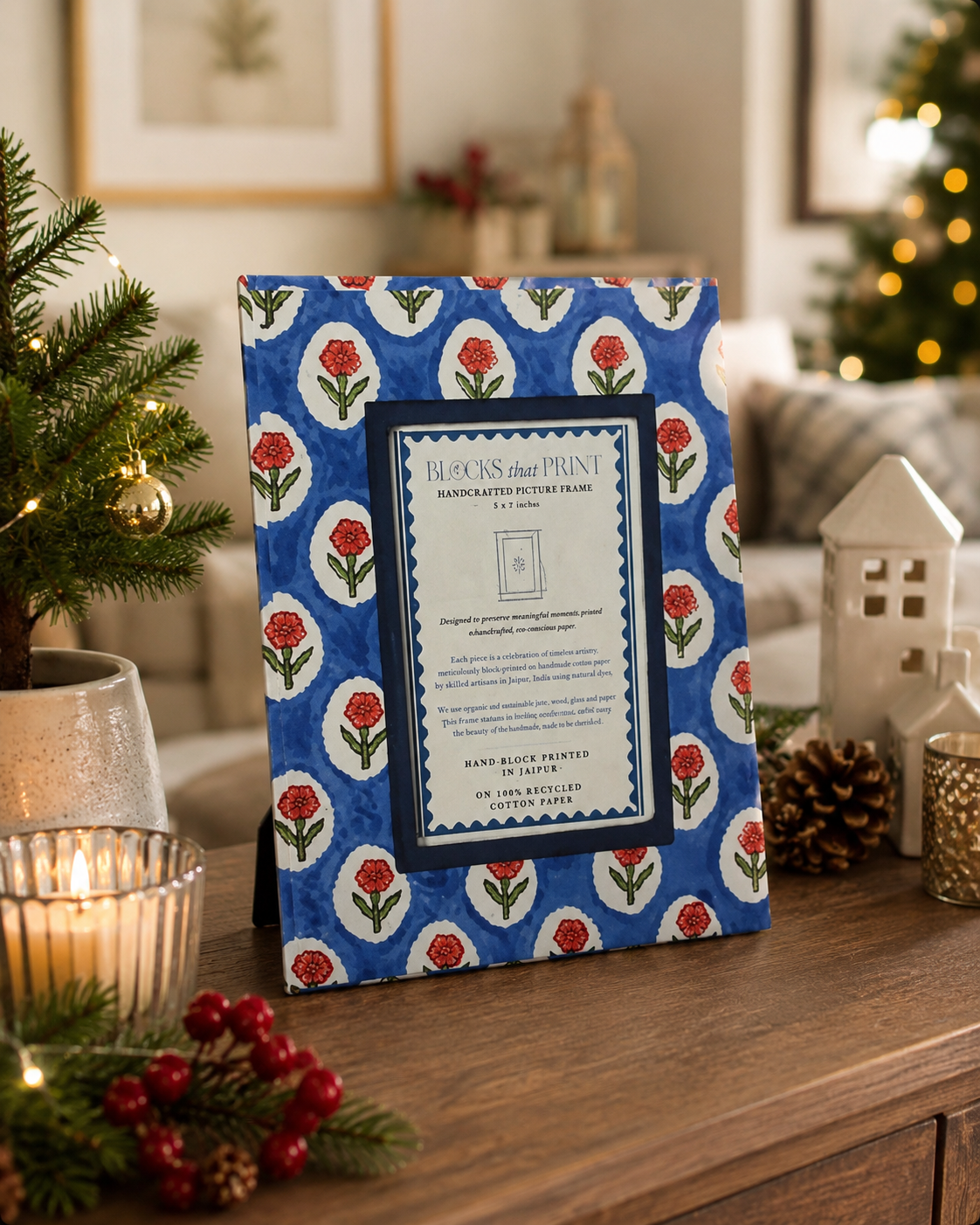Medium Block Print Photo Frame (4 x 6) - Cobalt Marigold