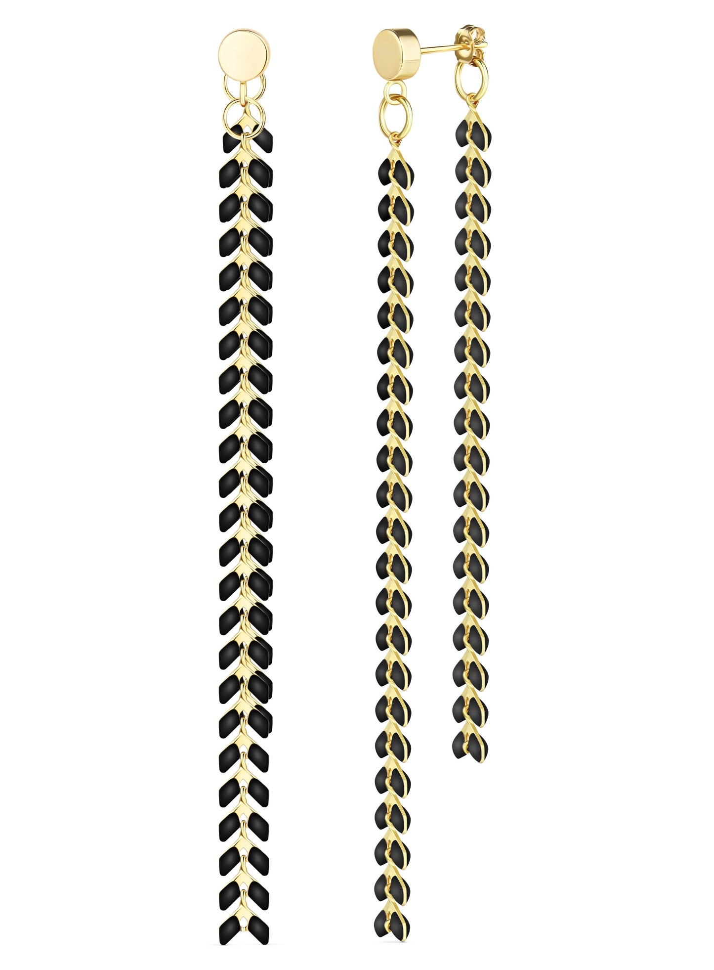 Elegante Black Enamel Chevron Dangle Earrings | Gold Filled
