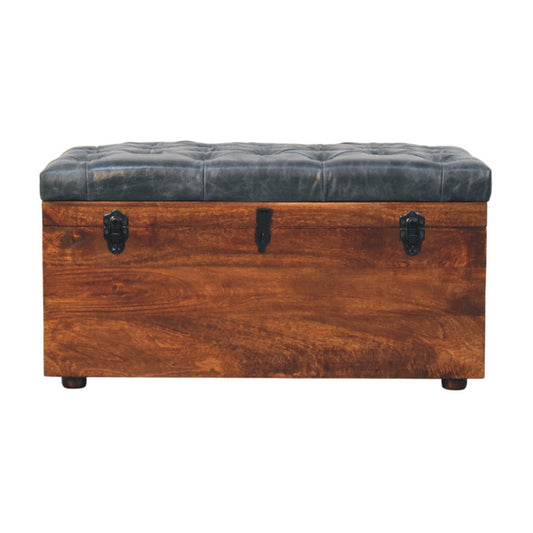 Solid Wood Black Buffalo Hide Leather Upholstered Storage Trunk