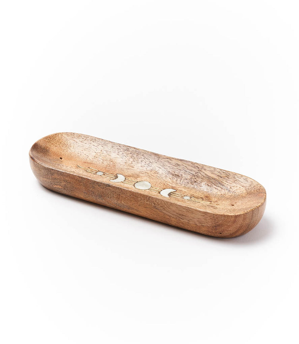 Indukala Moon Phase Double Trinket Dish Incense Holder - Wood, Mother of Pearl