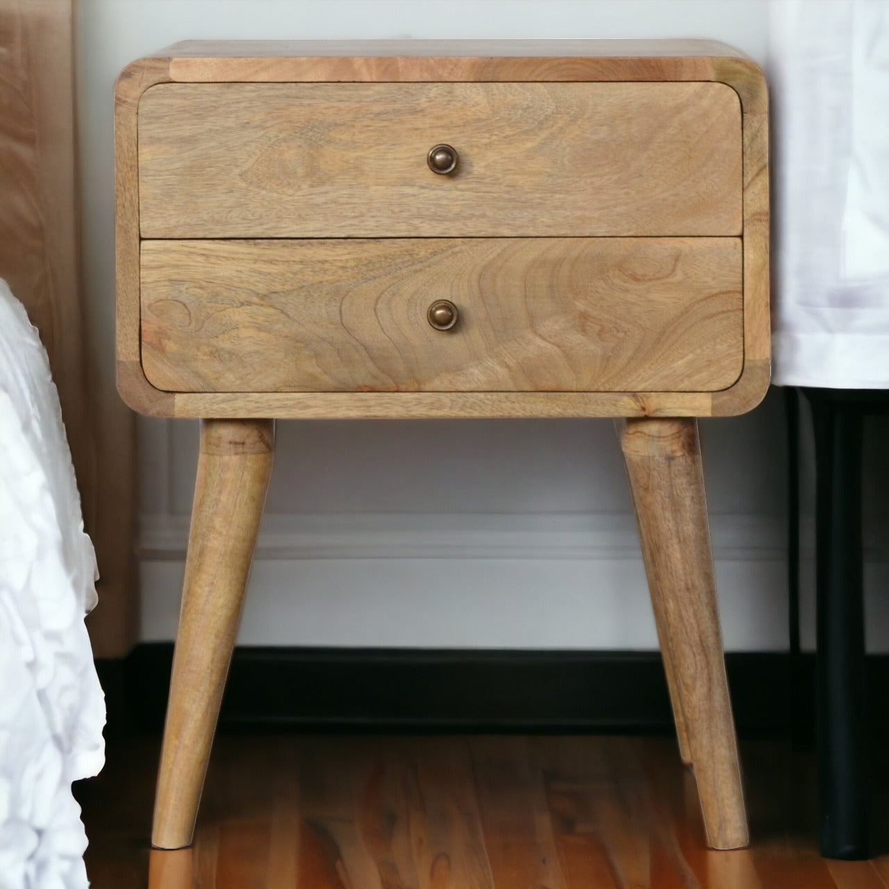 Solid Wood Curved Bedside, 2 Drawers