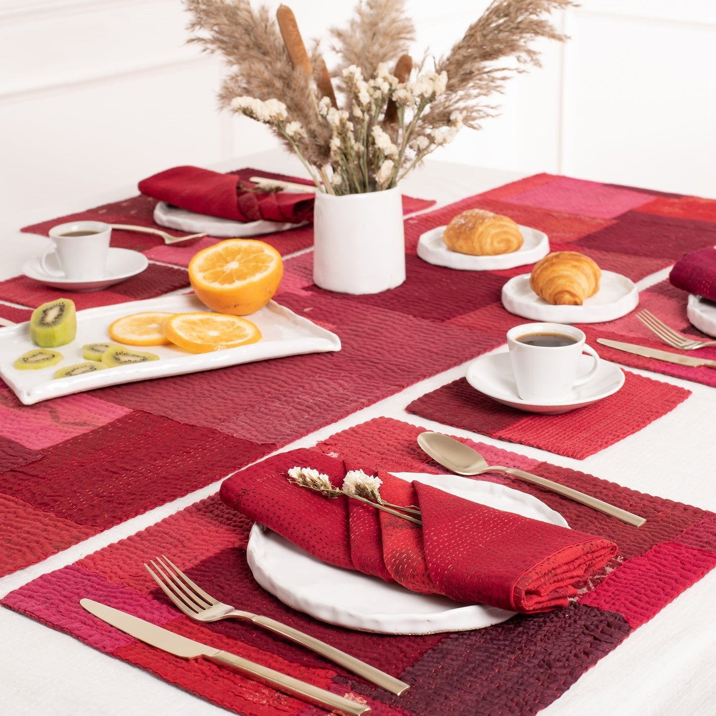 S/2 Landscape Fray Patch Vintage Kantha Placemat - Red