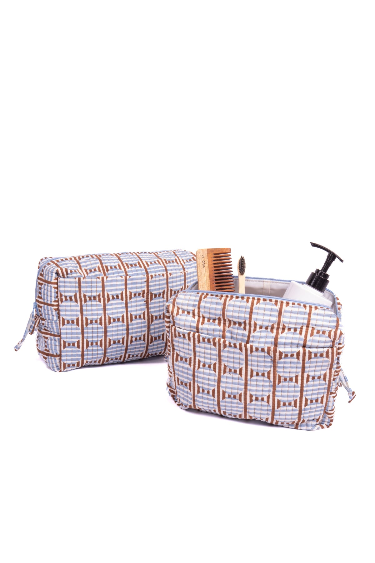 Striped Circles Blockprint Travel Pouch in Brown and Blue