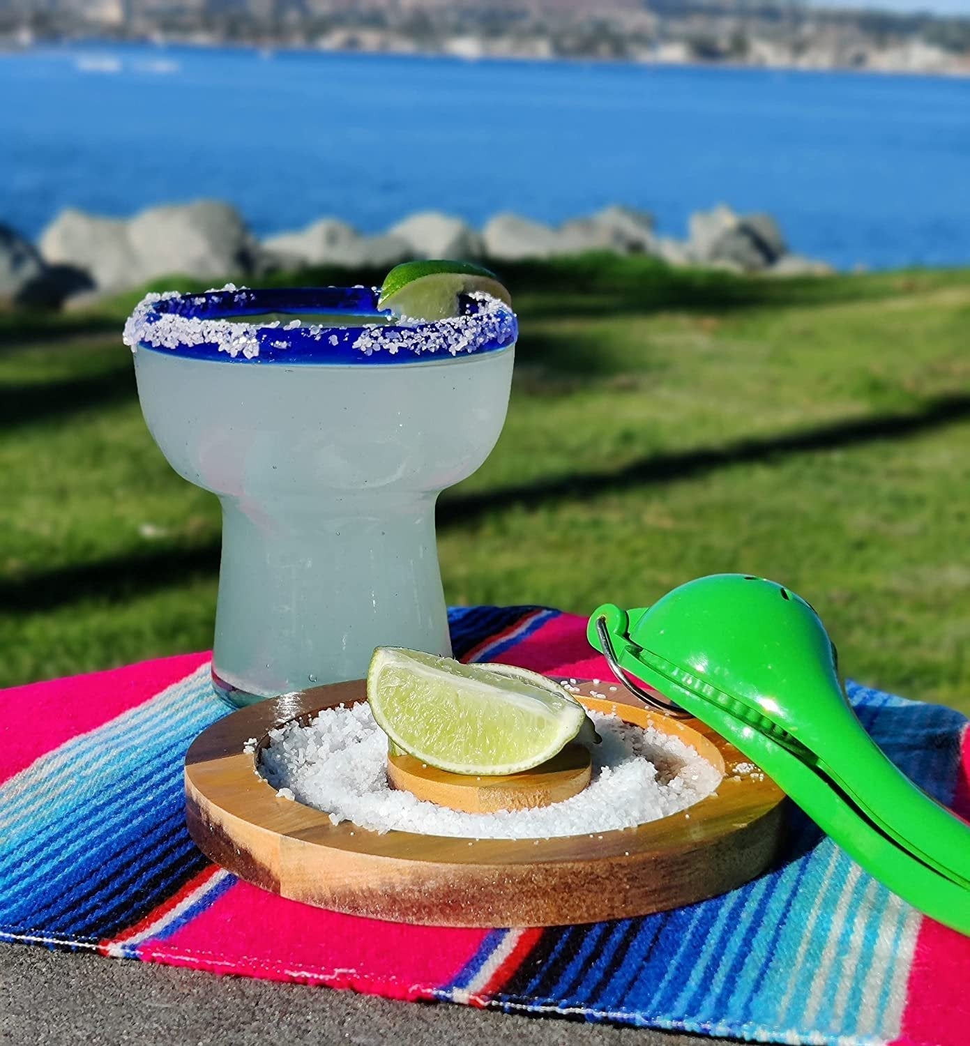 Set of 4 Hand Blown Stemless Blue Rim Margarita Glasses