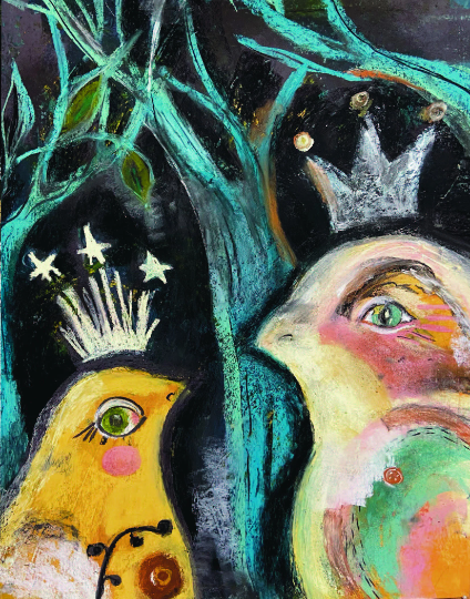 New Friend: Two Birds Whimsical Wall Art Print on Board, Turquoise & Yellow Folk Art