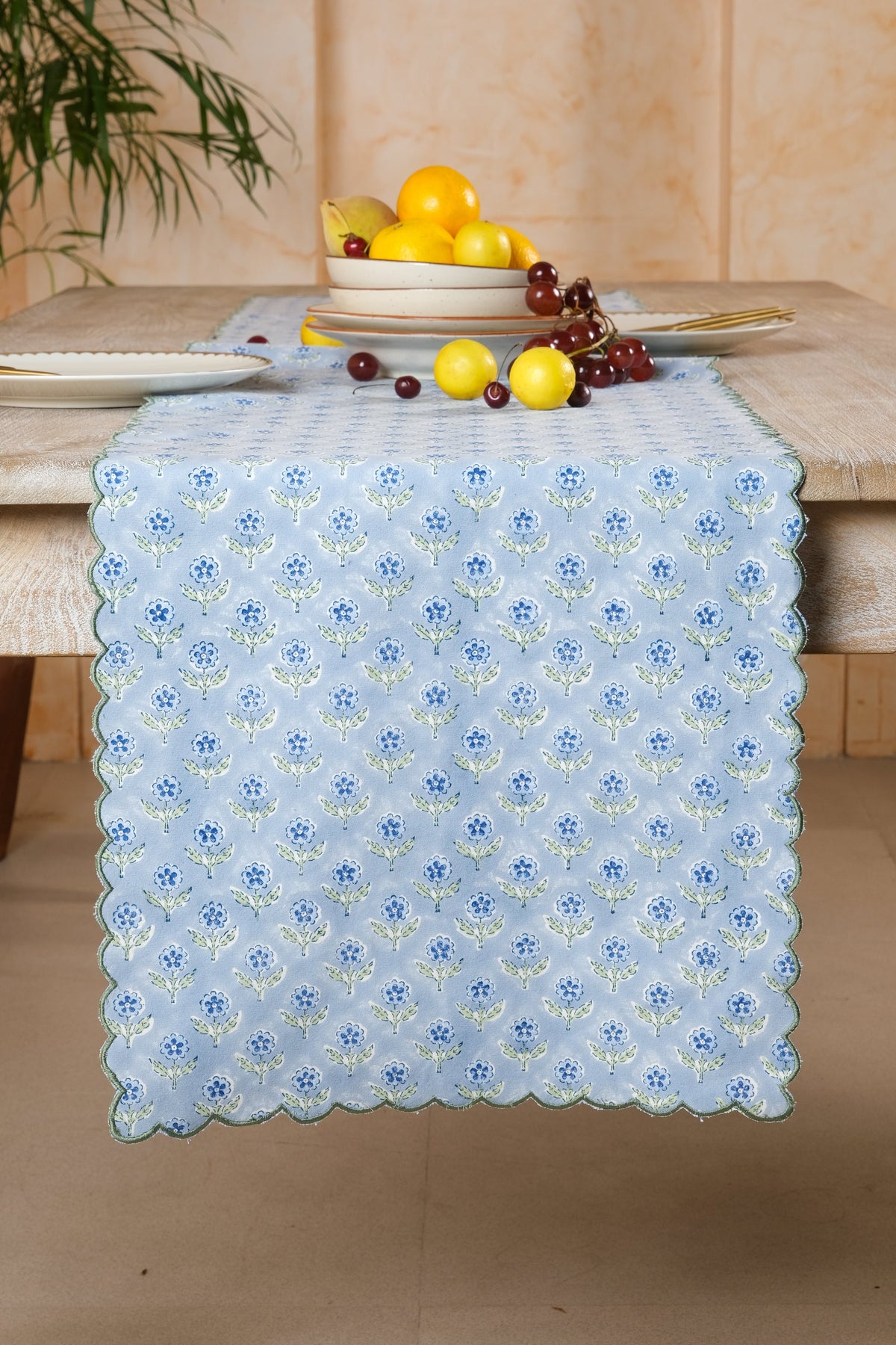 Mona Scallop Embroidered Blockprint Table Runner in Blue