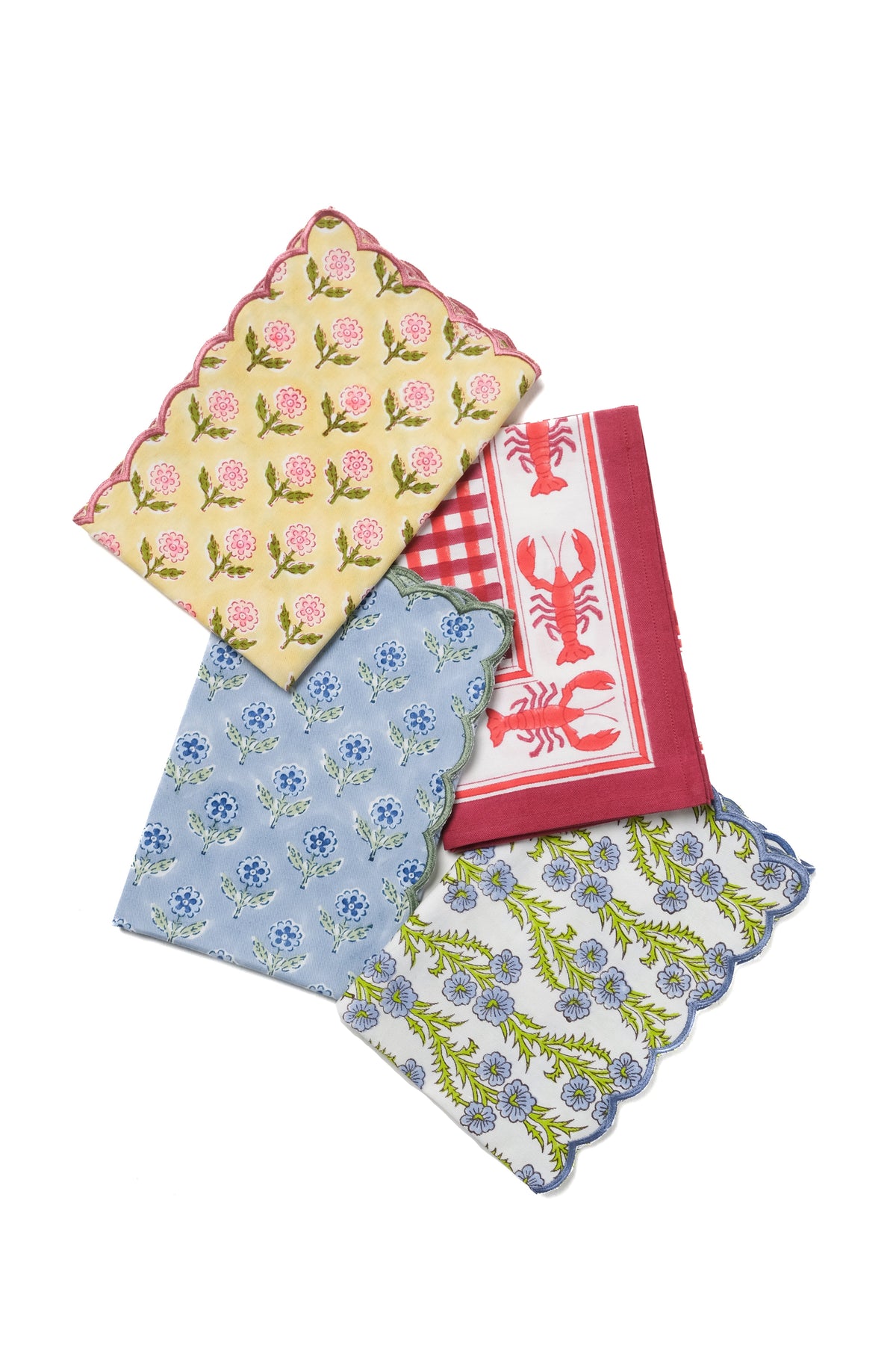 Mona Scallop Embroidered Blockprint Napkins in Butter Yellow, Set of 4