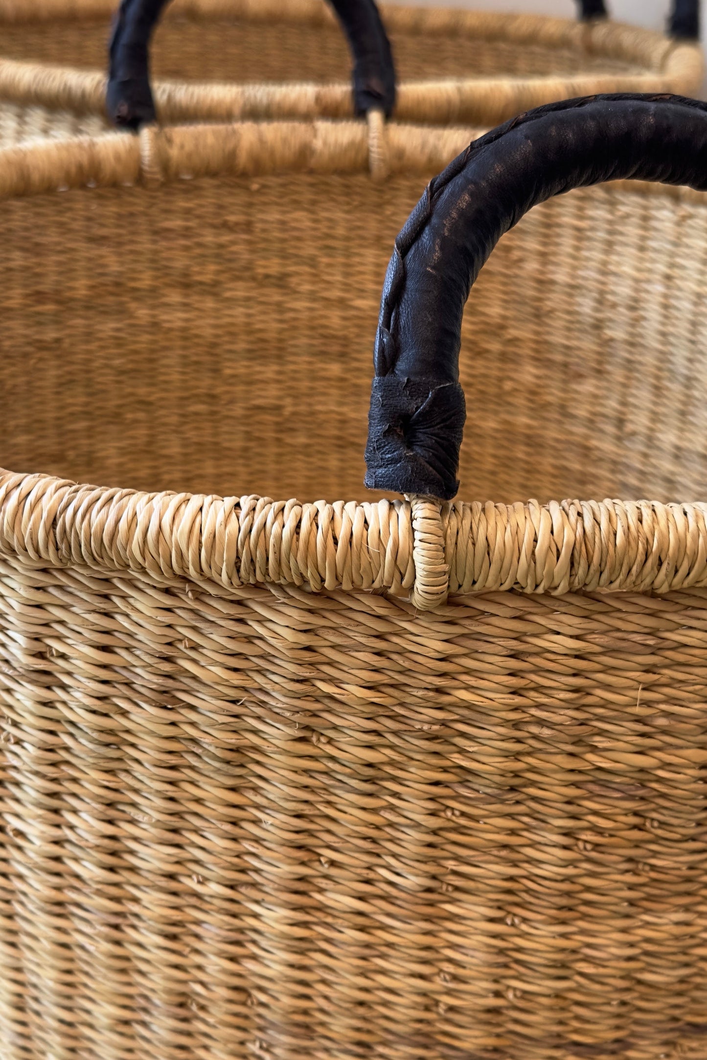 Handwoven Hamper with Leather Handles - Natural - Small