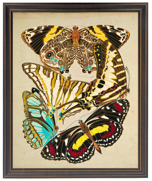 Vintage bright multi butterfly print on a distressed background in a copper and black shaped frame sized 18x24