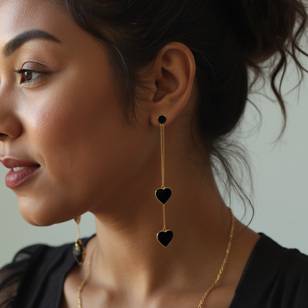 Single Hearted Girl Black Enamel Earrings | Gold Filled