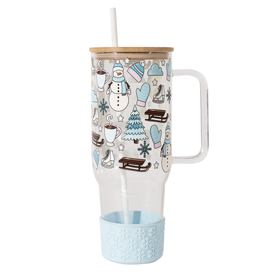 40oz Blue Winter Glass Tumbler Gift Bundle