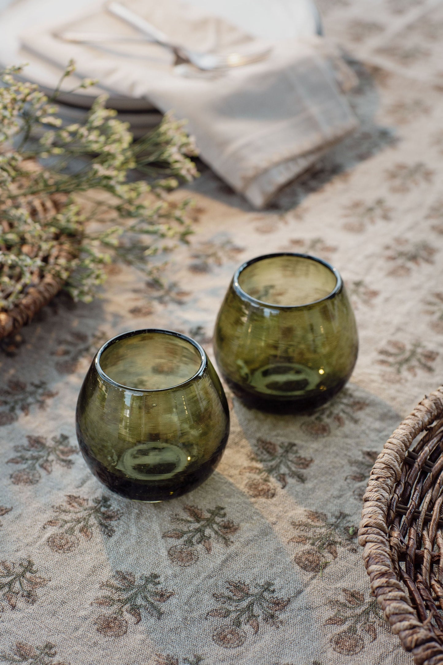 Ronde Blown Glass, Olive Green, Set of 2