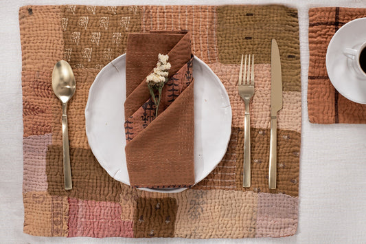 S/2 Mosaic Fray Patch Vintage Kantha Placemat - Mushroom