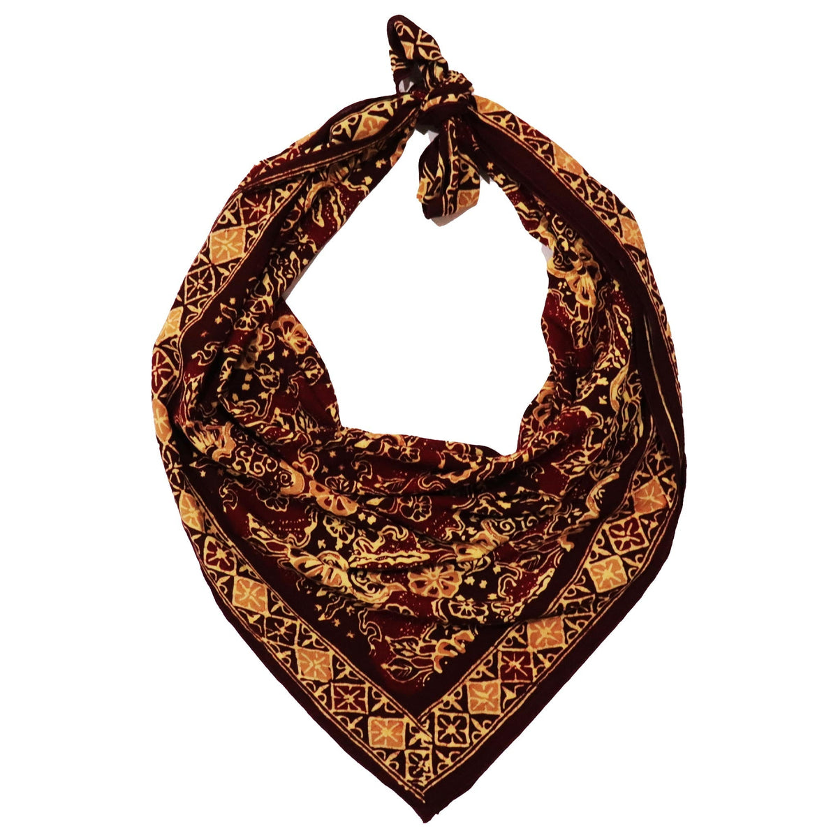 Large 39" Hand Dyed Batik Bandana, 100% Soft Cotton, Sunlit Garden, Red Burgundy