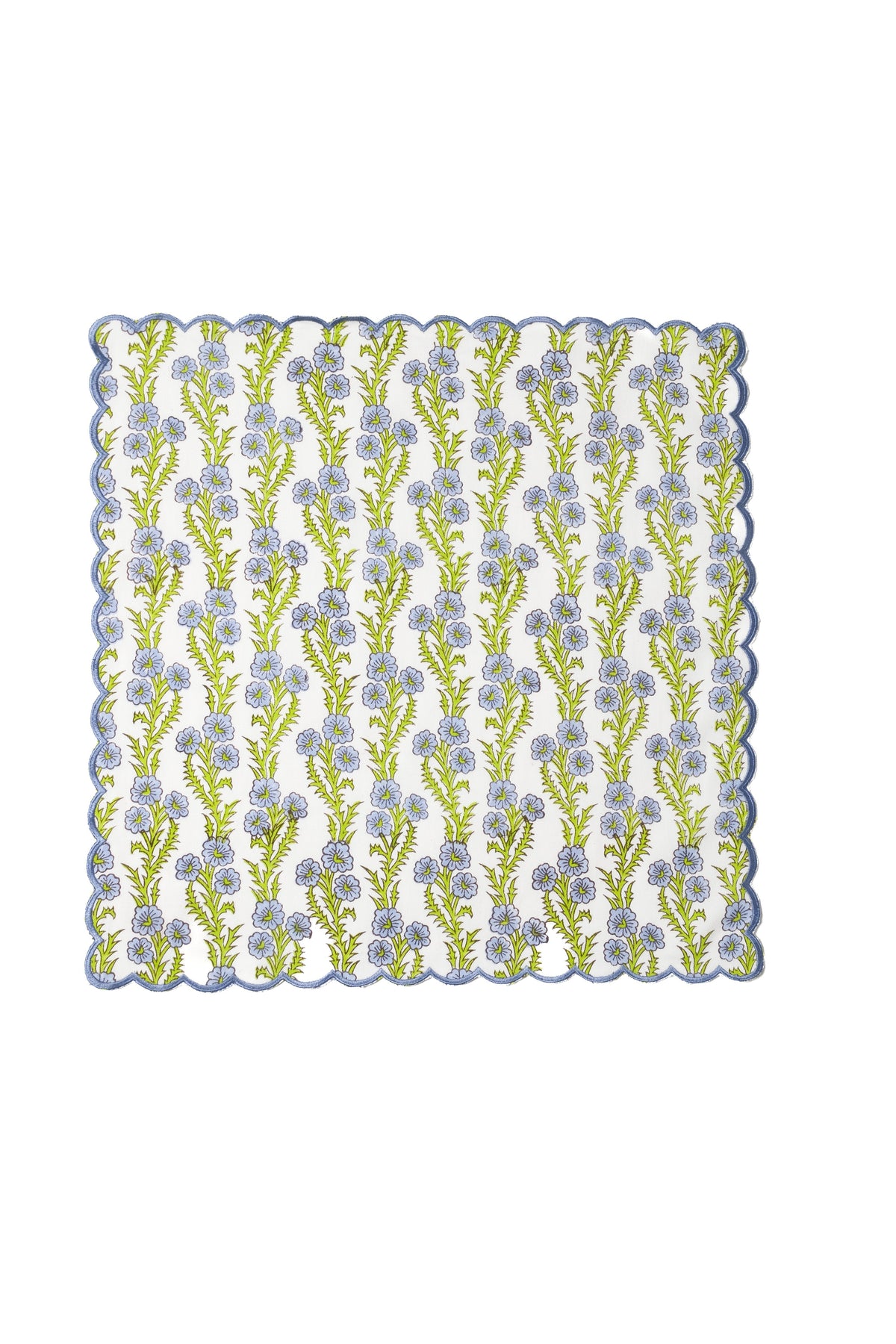 Forget-Me-Not Scallop Embroidered Blockprint Napkins, Set of 4