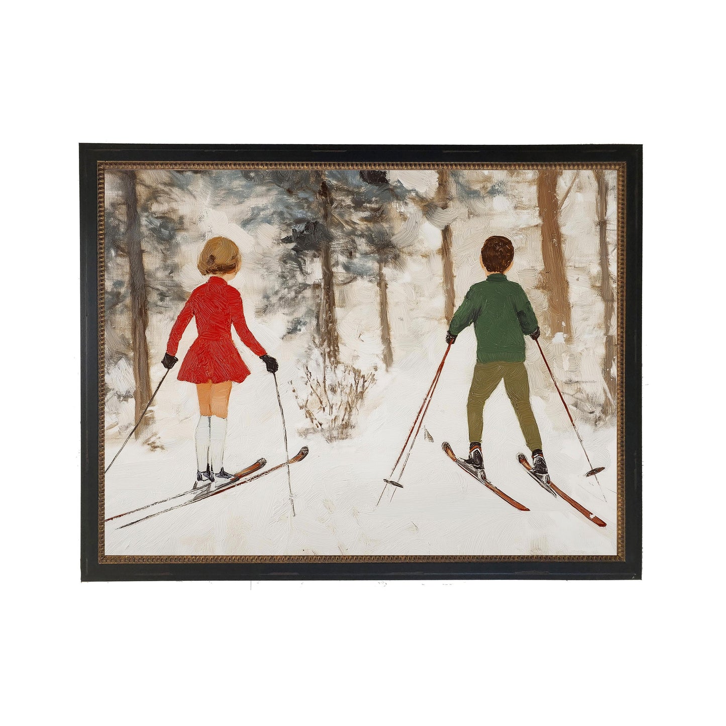 Vintage Oil Painting of Boy and Girl Skiing