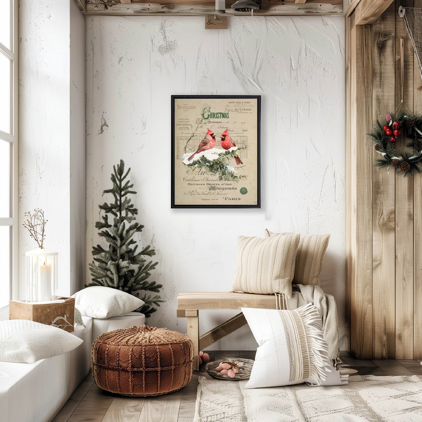 Vintage Painting of Cardinals on a distressed bookplate background