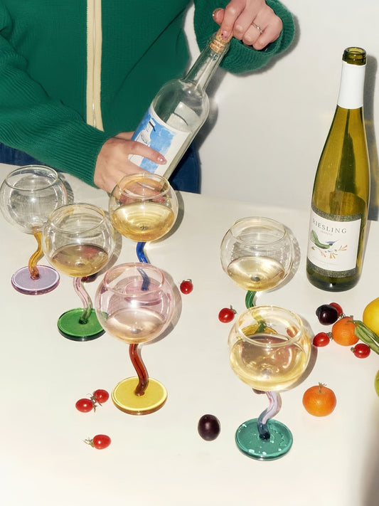 Handblown Bubble Wine Glass - Retro Whimsical Eclectic Wavy Stemmed Goblets