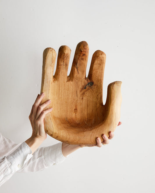 Open Hand Hand-Carved Wooden Bowl Sculpture (Discoloration)