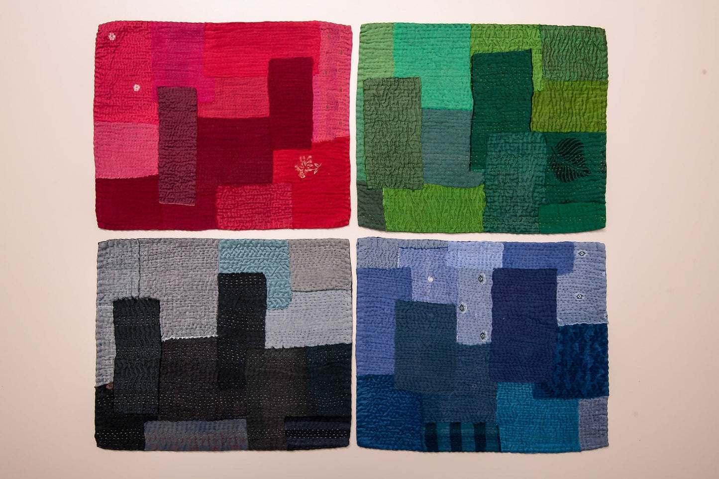 S/2 Landscape Fray Patch Vintage Kantha Placemat - Green