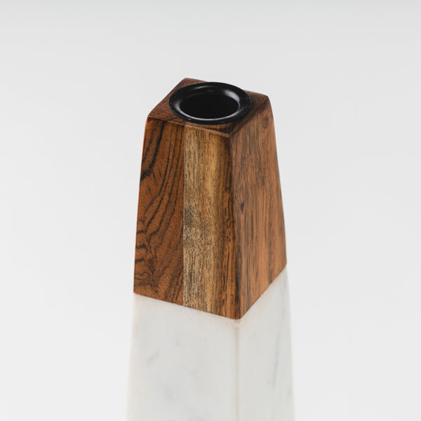 Tapered White Marble & Acacia Candleholder