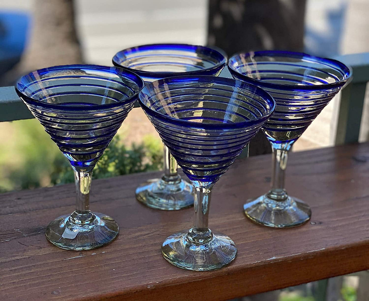 Cobalt Blue Spiral Design Margarita Glasses - Martini Style - Set of 4