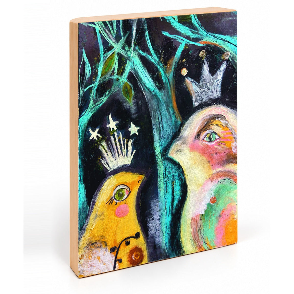 New Friend: Two Birds Whimsical Wall Art Print on Board, Turquoise & Yellow Folk Art