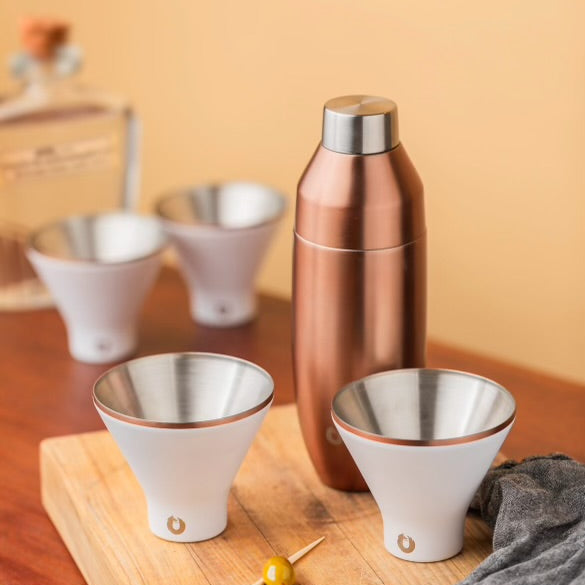 Stainless Steel Cocktail Shaker and Martini Glass Set,  Gold and White