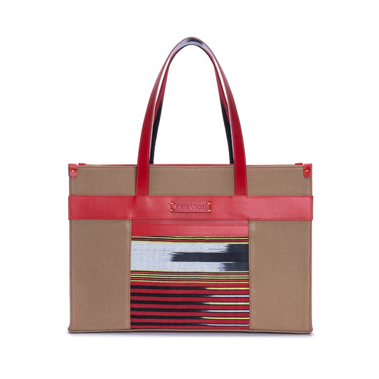 Red Leather & Tobacco Canvas Tote Bag with Pockets
