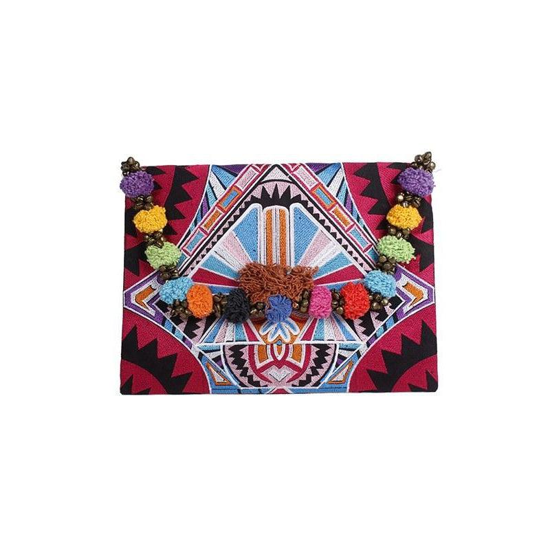 Pom Pom Embroidered Tribal Clutch | iPad Bag - Thailand