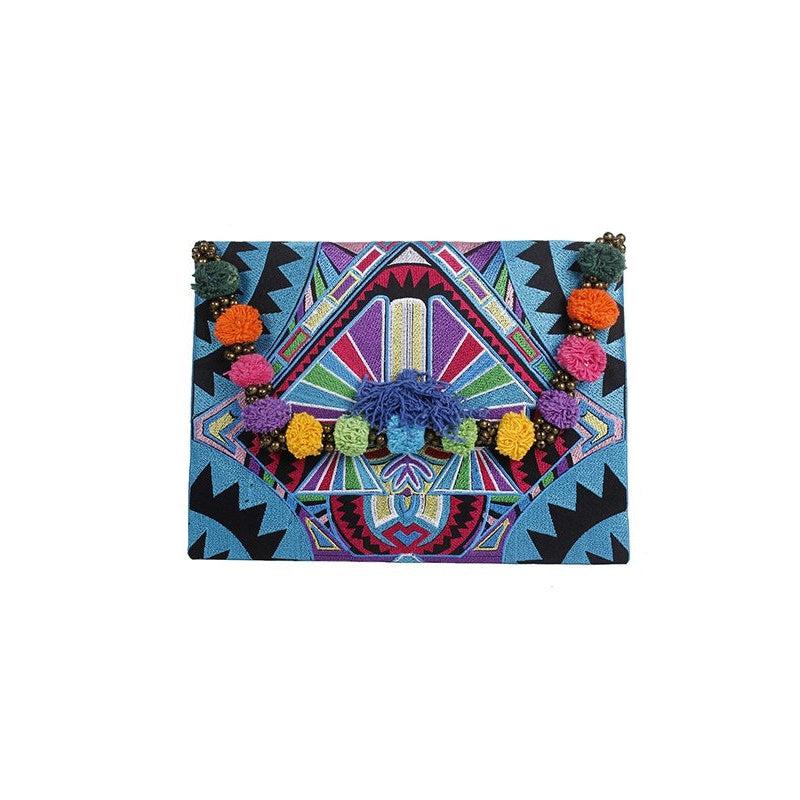 Pom Pom Embroidered Tribal Clutch | iPad Bag - Thailand