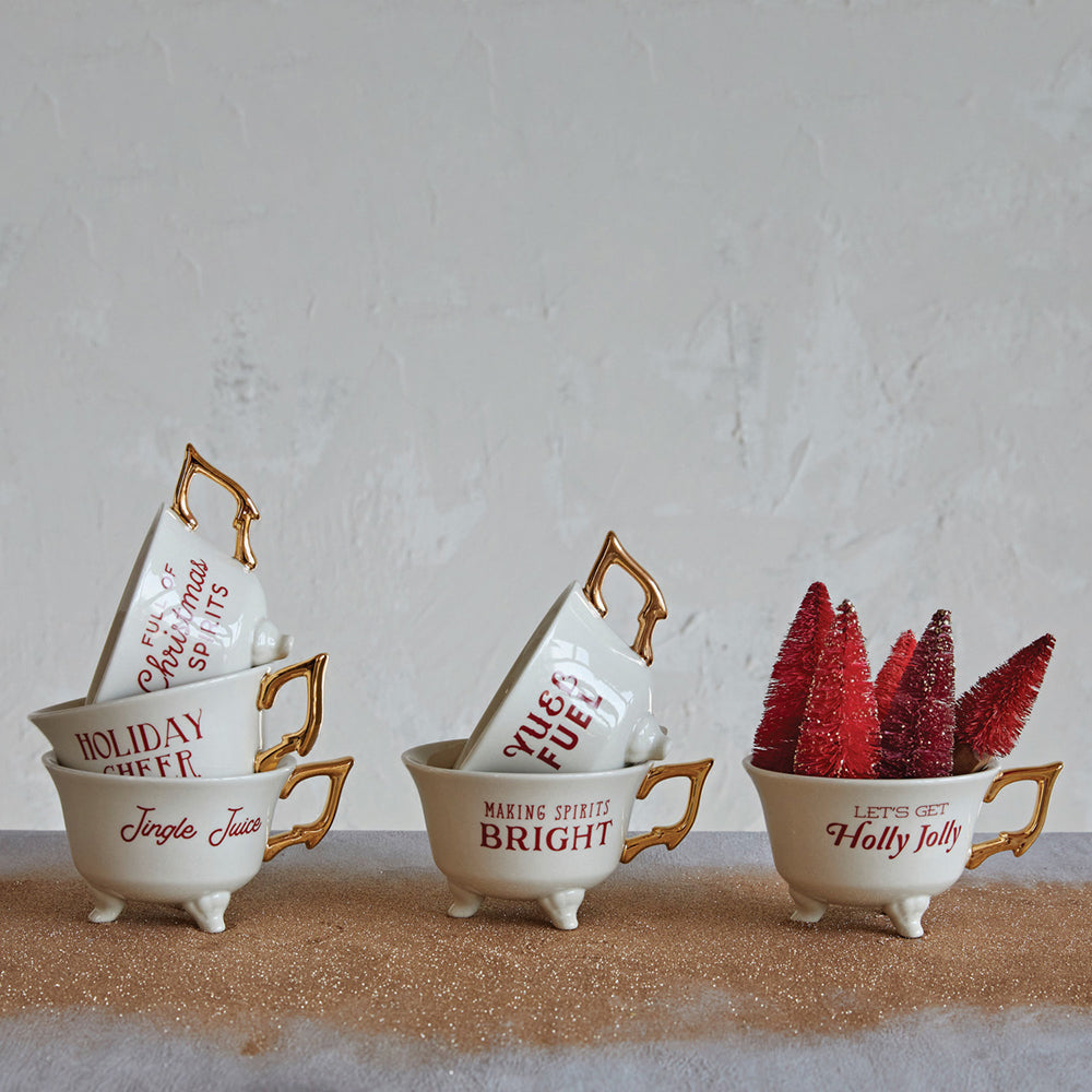 Set of 6 Sassy Holiday Footed Teacups w/ Gold Electroplating