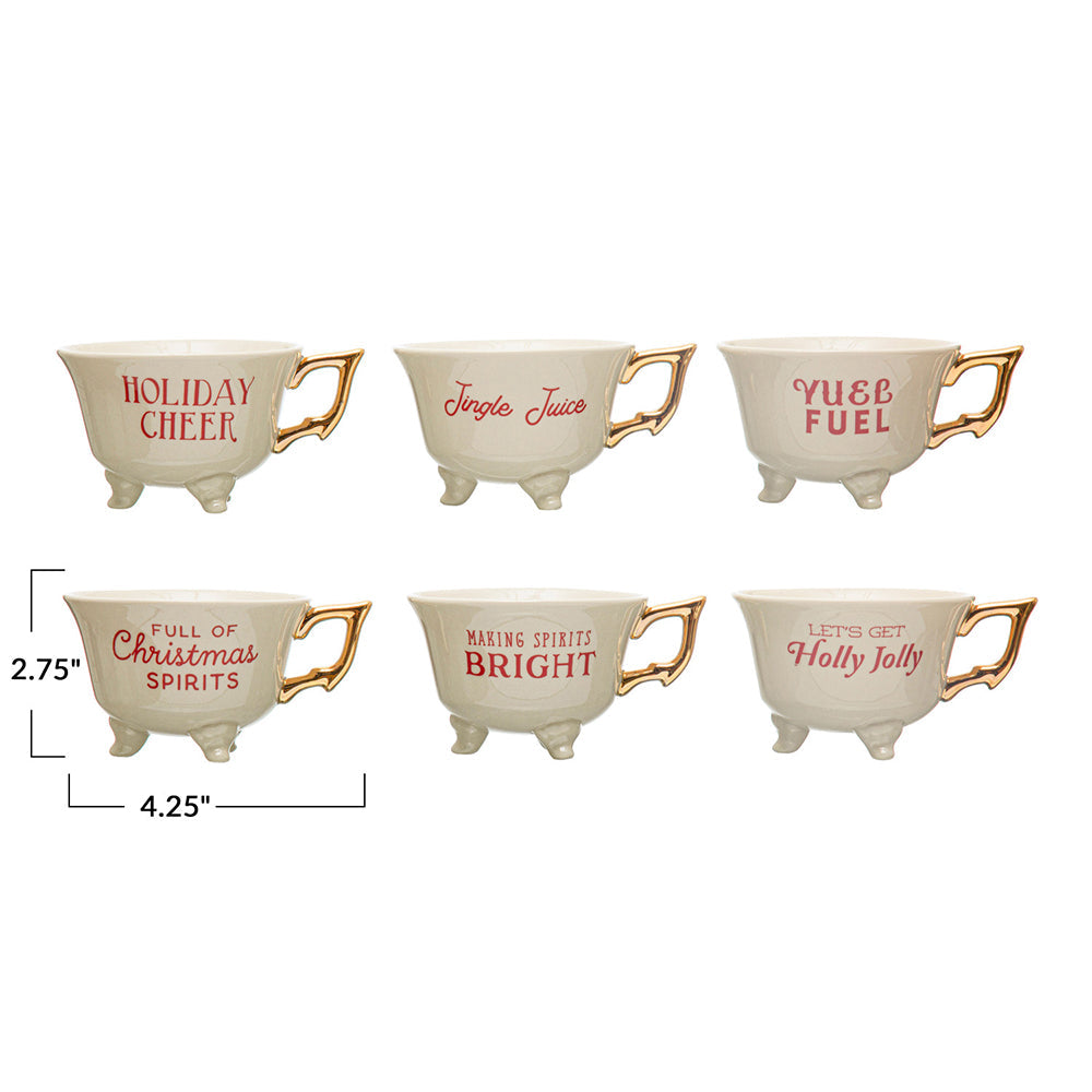 Set of 6 Sassy Holiday Footed Teacups w/ Gold Electroplating